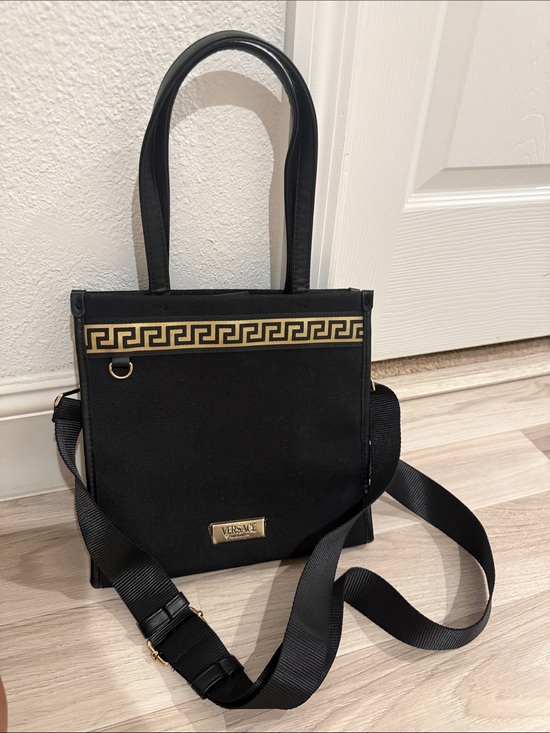 Versace Handbags - Versace Black Tote with Gold Greek Key Accent